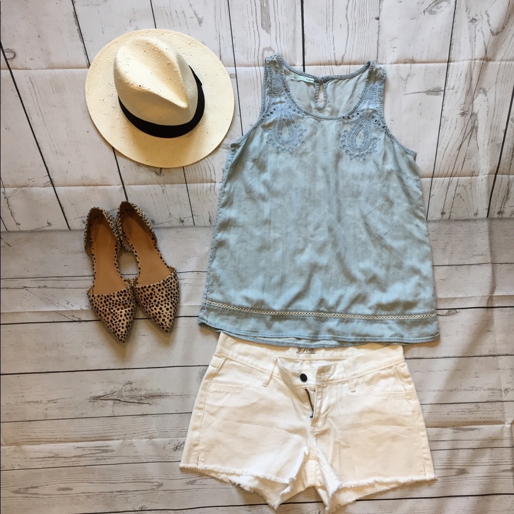 Chambray tank w/embroidery detail